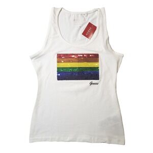 Guess Women Tank Top Flag Pride Sequin, White, Size Small, NWT